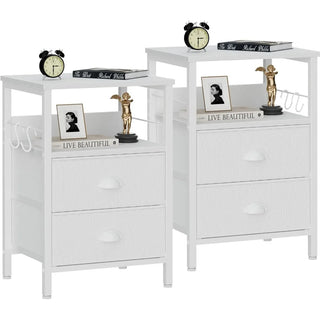 Nightstands Set of 2 – Bedside Tables with 2 Fabric Drawers, Hooks & Open Wood Shelf for Bedroom or Living Room