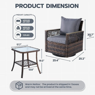 3-Piece Patio Bistro Set with Swivel Rocker Chairs – Outdoor Wicker Furniture Set with Cushions & Glass Side Table for Garden, Backyard & Balcony