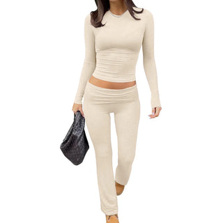 JEN YAGE High-Stretch Slim Crop Top & Flare Pants Set