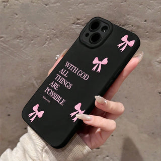 Minimalist Pink Bow Scripture iPhone Case, Soft TPU Matte Phone Cover with “With God All Things Are Possible” Design for iPhone 17 16E 16 15 14 13 12 11 Pro Max XS XR X 8 7 Plus SE2