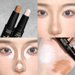 Double-Ended Highlight & Contour Stick, Cream Bronzer and Highlighter Makeup Stick for Nose Shadow, Face Sculpting, Brightening, and Definition