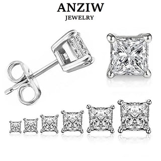 ANZIW Square 925 Silver Stud Earrings, Zirconia Diamond