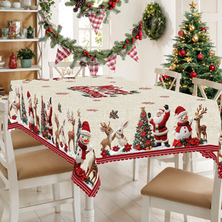 Merry Christmas Pattern Tablecloth with 4 Self-Adhesive Stickers – Santa, Snowman, Reindeer & Holiday Cheer