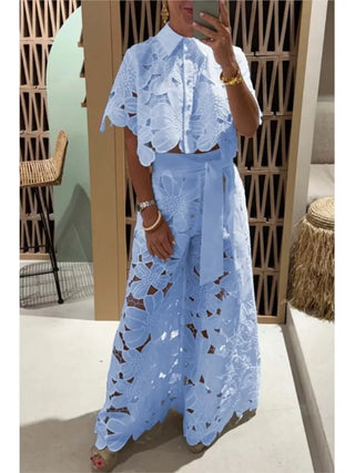 Lapel Single-Breasted Shirt Top + Wide-Leg Pants 2-Piece Set