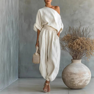 Elegant Skew Collar Long Sleeve Top & Casual Pants Set