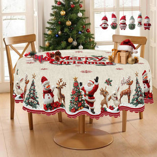 Merry Christmas Pattern Tablecloth with 4 Self-Adhesive Stickers – Santa, Snowman, Reindeer & Holiday Cheer