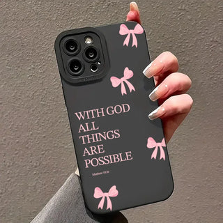 Minimalist Pink Bow Scripture iPhone Case, Soft TPU Matte Phone Cover with “With God All Things Are Possible” Design for iPhone 17 16E 16 15 14 13 12 11 Pro Max XS XR X 8 7 Plus SE2
