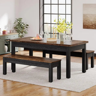 Farmhouse Kitchen Table Set for 4–6 – 55" Wooden Dining Table with 2 Benches