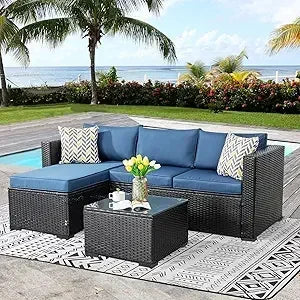 5-Piece Outdoor Patio Sectional Sofa Set – L-Shaped Wicker Furniture with Cushions & Glass Table for Backyard, Garden & Deck