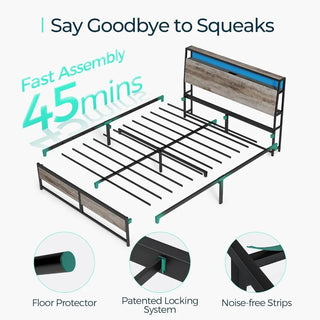 RusticModern Bed Frame with Storage, Lights, Outlets & USB station