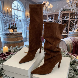 Aneikeh Stiletto Knee-High Boots for Women – Pointed Toe Suede High Heel Long Boots