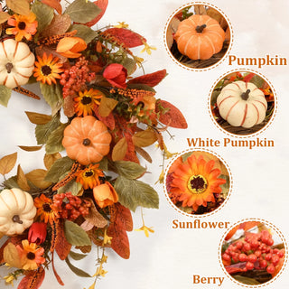 22-Inch Fall Pumpkin Wreath – Artificial Autumn Harvest Front Door & Farmhouse Decor