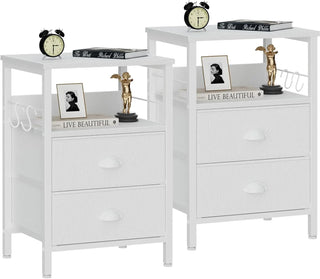 Nightstands Set of 2 – Bedside Tables with 2 Fabric Drawers, Hooks & Open Wood Shelf for Bedroom or Living Room