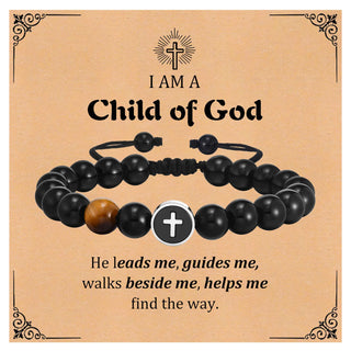 Men’s Cross Beaded Bracelet Adjustable Black Onyx Stainless Steel Faith Wristband Gift for Dad