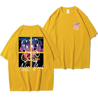 New York Sunset Bear Oversized Graphic Tee – Men’s 100% Cotton Streetwear Shirt