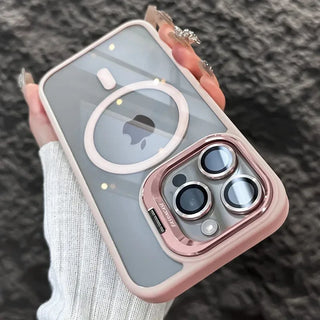 Luxury Magnetic Shockproof iPhone Case with Stand, Full Coverage Clear PC + TPU Cover, MagSafe-Style Ring, Lens Protection, Anti-Scratch Design for iPhone 17 16E 16 15 14 13 12 11 Series