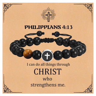 Men’s Cross Beaded Bracelet Adjustable Black Onyx Stainless Steel Faith Wristband Gift for Dad