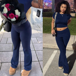 JEN YAGE High-Stretch Slim Crop Top & Flare Pants Set