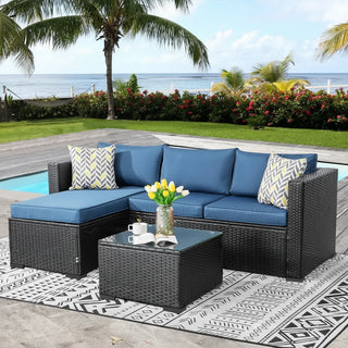 5-Piece Outdoor Patio Sectional Sofa Set – L-Shaped Wicker Furniture with Cushions & Glass Table for Backyard, Garden & Deck