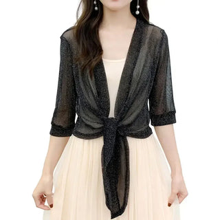 Women's Sheer Glitter Lace-up Cardigan