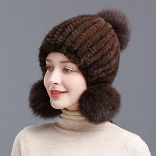 Real Mink Fur Spiral Beanie Cap With Fox Fur Pompoms.