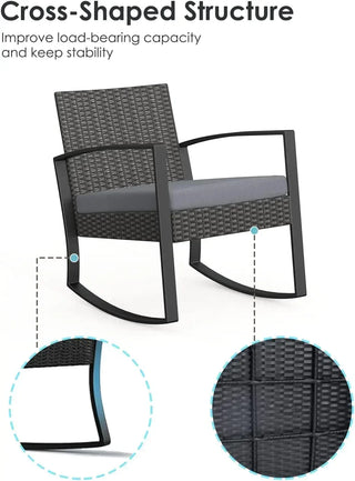 3-Piece Outdoor Rocking Patio Set - Wicker Chairs with Cushions & Glass Table