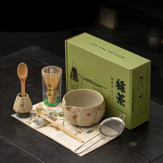 8-Piece Japanese Flint Red Matcha Tea Set – Exquisite Bamboo Whisk & Ceramic Bowl Gift Box
