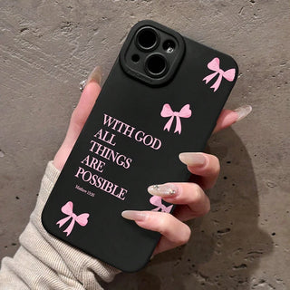 Minimalist Pink Bow Scripture iPhone Case, Soft TPU Matte Phone Cover with “With God All Things Are Possible” Design for iPhone 17 16E 16 15 14 13 12 11 Pro Max XS XR X 8 7 Plus SE2