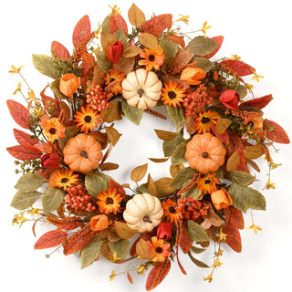 22-Inch Fall Pumpkin Wreath – Artificial Autumn Harvest Front Door & Farmhouse Decor