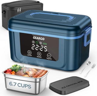 GEARGO Cordless Electric Heated Lunch Box, 24000mAh Rechargeable Self-Heating Food Warmer with Stainless Steel Container, Ice Crystal Box, Insulated Bag, Digital Display, and 6.7-Cup Capacity