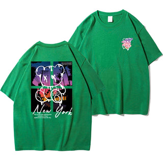 New York Sunset Bear Oversized Graphic Tee – Men’s 100% Cotton Streetwear Shirt