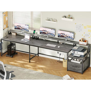 L-shaped 66" Home Desk with Storage Cabinet, Power Outlet and LEDs