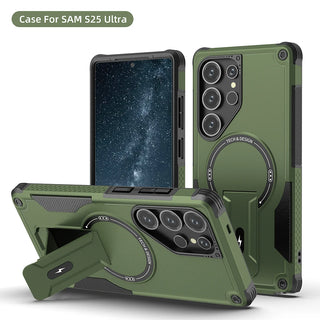 Fold Stand Magnetic Armor Samsung Case, Shockproof Half-Wrapped Cover with Portable Kickstand, Camera Guard, Screen Protection, and Wireless Charging Support for Galaxy S26 S25 S24 A56 A26 A16