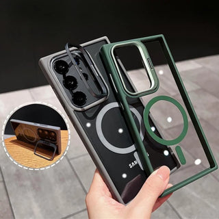 MagSafe-Style Hidden Holder Clear Samsung Galaxy Case, Shockproof Magnetic Bumper Cover with Kickstand