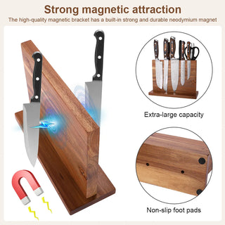 Magnetic Double-Sided Wooden Knife Holder Block – Acacia Wood Knife Stand with Enhanced Magnets