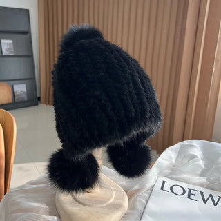 Real Mink Fur Spiral Beanie Cap With Fox Fur Pompoms.