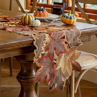 Autumn Maple Leaf Embroidered Table Runner – Rustic Thanksgiving & Fall Harvest Table Decor