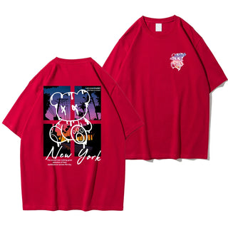 New York Sunset Bear Oversized Graphic Tee – Men’s 100% Cotton Streetwear Shirt