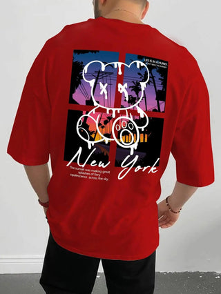 New York Sunset Bear Oversized Graphic Tee – Men’s 100% Cotton Streetwear Shirt