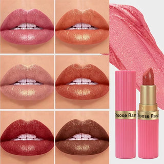 Collage of lipstick shades on lips with two lipsticks displayed on a beige background.