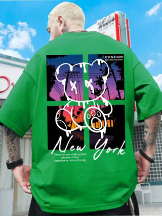 New York Sunset Bear Oversized Graphic Tee – Men’s 100% Cotton Streetwear Shirt
