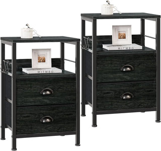 Nightstands Set of 2 – Bedside Tables with 2 Fabric Drawers, Hooks & Open Wood Shelf for Bedroom or Living Room