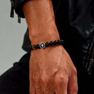 Men’s Cross Beaded Bracelet Adjustable Black Onyx Stainless Steel Faith Wristband Gift for Dad