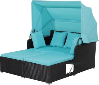Outdoor Hand-Woven PE Wicker Daybed Patio Loveseat with Retractable Canopy & Side Tables – Sun Lounger Sofa Set