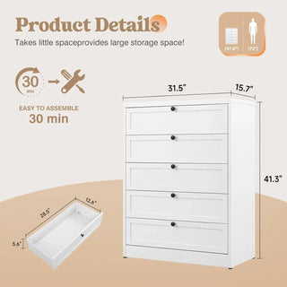 5-Drawer Metal Dresser – White, Modern Tall Chest for Bedroom, Living Room, Entryway & Office