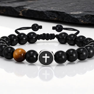 Men’s Cross Beaded Bracelet Adjustable Black Onyx Stainless Steel Faith Wristband Gift for Dad