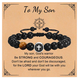 Men’s Cross Beaded Bracelet Adjustable Black Onyx Stainless Steel Faith Wristband Gift for Dad