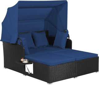 Outdoor Hand-Woven PE Wicker Daybed Patio Loveseat with Retractable Canopy & Side Tables – Sun Lounger Sofa Set