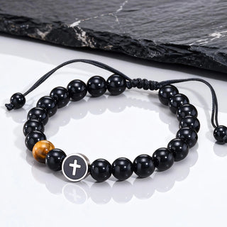 Men’s Cross Beaded Bracelet Adjustable Black Onyx Stainless Steel Faith Wristband Gift for Dad