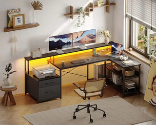 XMSJ L Shaped Desk with File Drawer,  Power Outlet & LED Strip